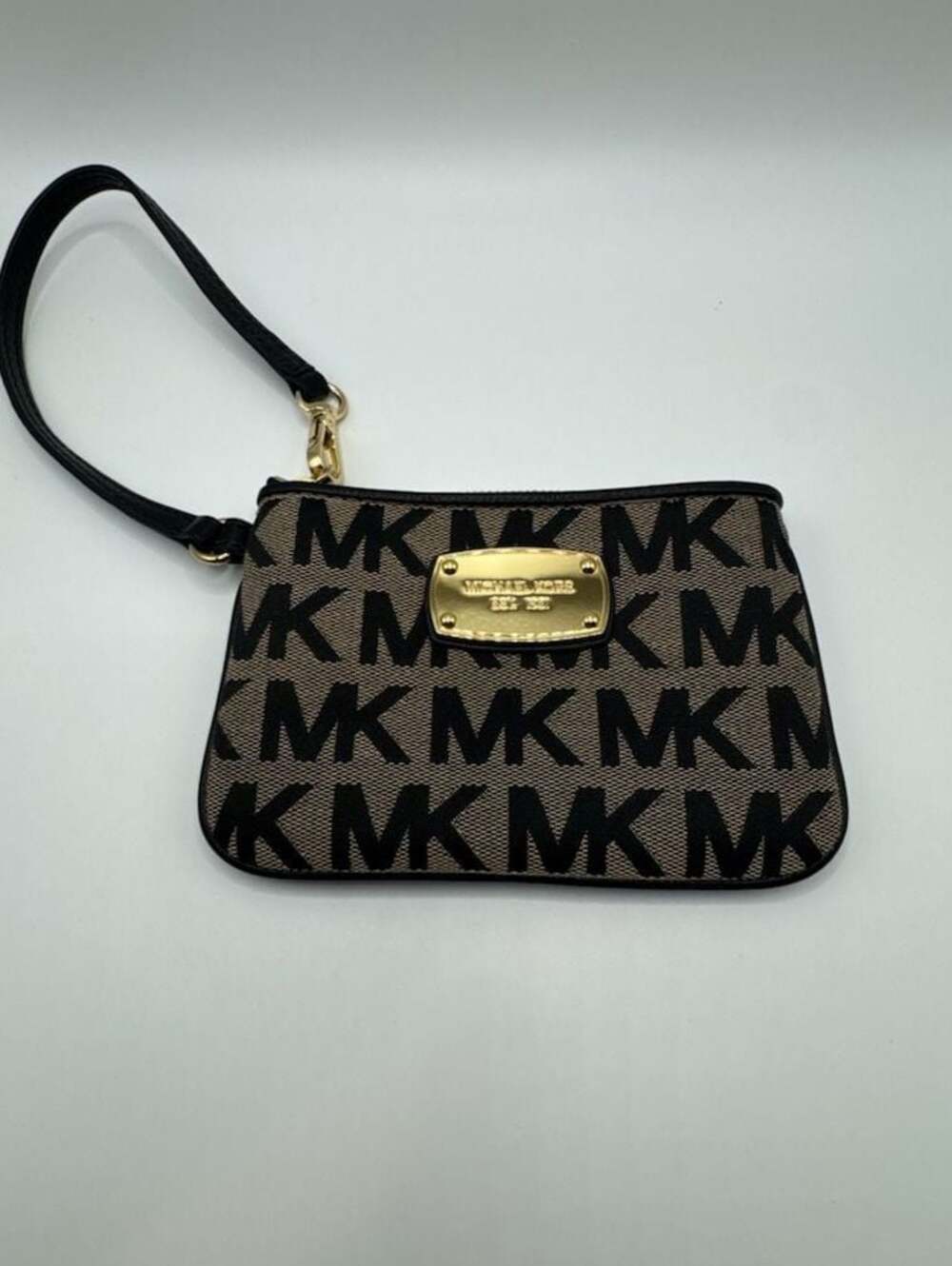 Michael Kors Signature Jacquard MK Logo Wristlet Pouch Wallet Black Beige